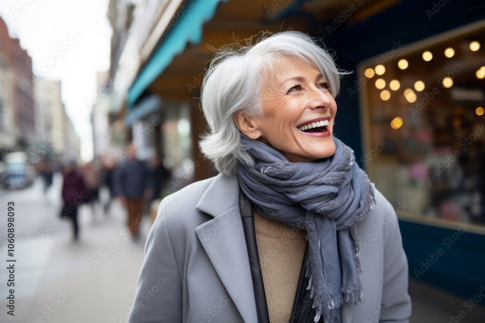 smiling senior woman in coat and scarf walking on street in city smiling senior woman in coat and scarf walking on street in city