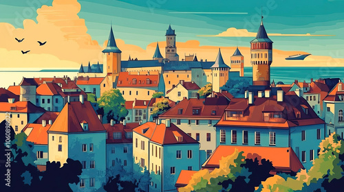 Wallpaper Mural Tallinn, Estonia, french vintage Art Nouveau & Art Deco travel poster template. Cityscape and city skyline.Classic La Belle Epoque vichy art. Clear, simple, trendy Torontodigital.ca