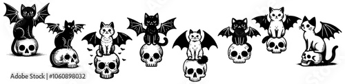 gothic cats sitting on skulls vector sketch