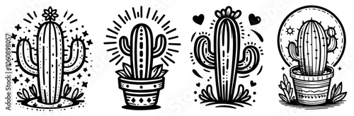 cactus plants with decorative details vector sketch