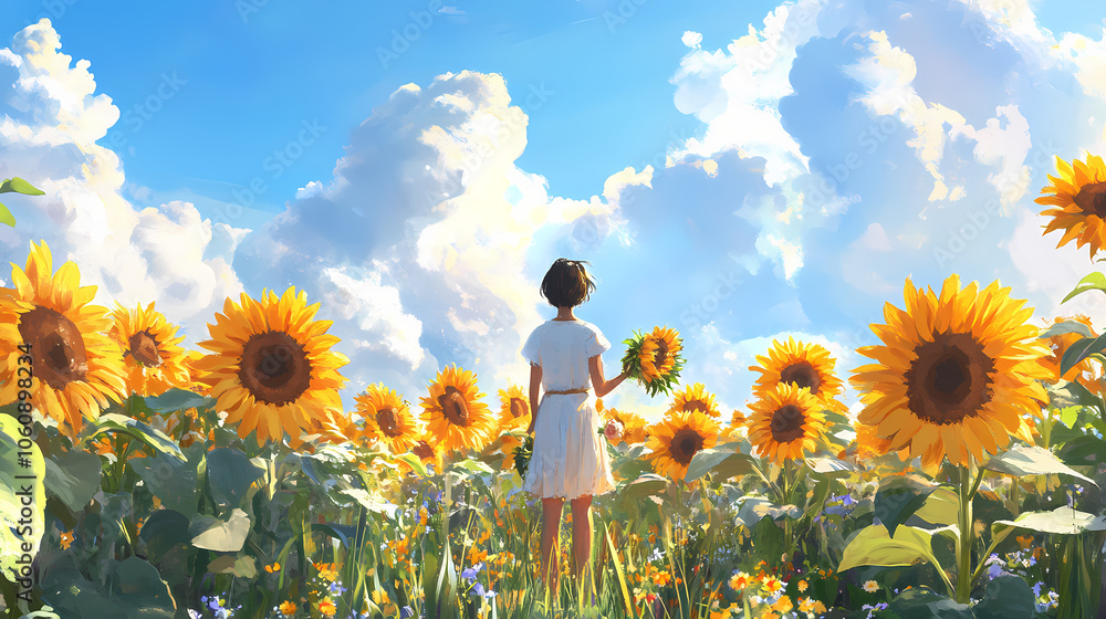 © Thiago - Flower picking in a blooming sunflower field, bright blooms and summer fragrances, hyperrealistic photo. Sunflower Field. Illustration