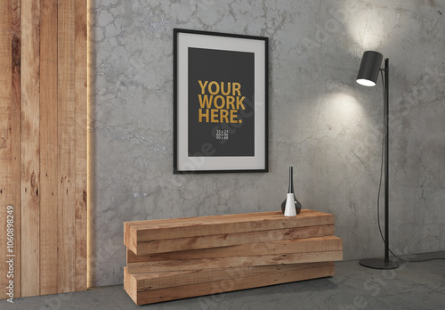 Vertical poster black frame with passepartout mockup hanging on wall in room