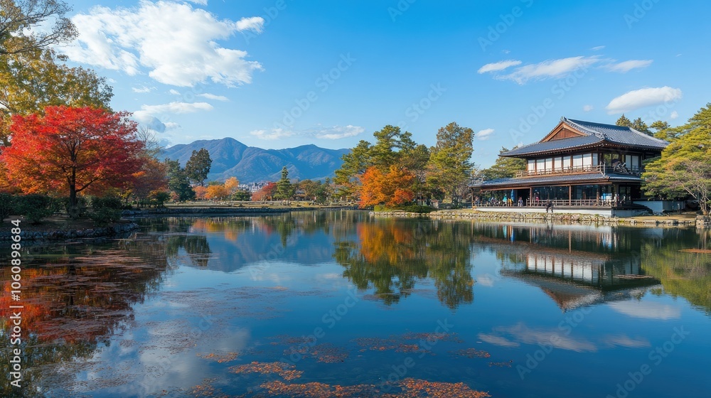Scenic View of Japanese Garden with Autumn Colors Scenic View of Japanese Garden with Autumn Colors