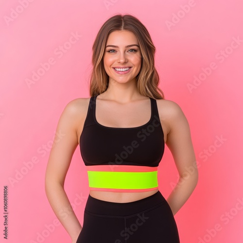 Wallpaper Mural A young woman wearing black workout clothes with neon pink and green trim, smiling against a pink background. Torontodigital.ca