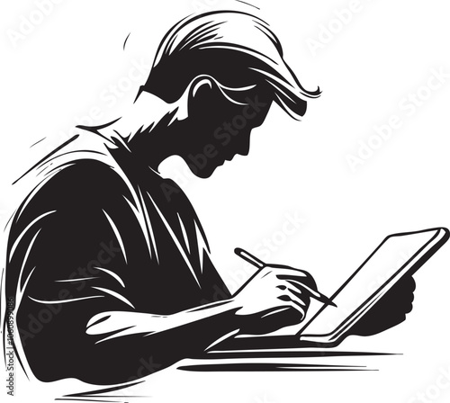 Person Drawing on a Tablet Vector in Black and White