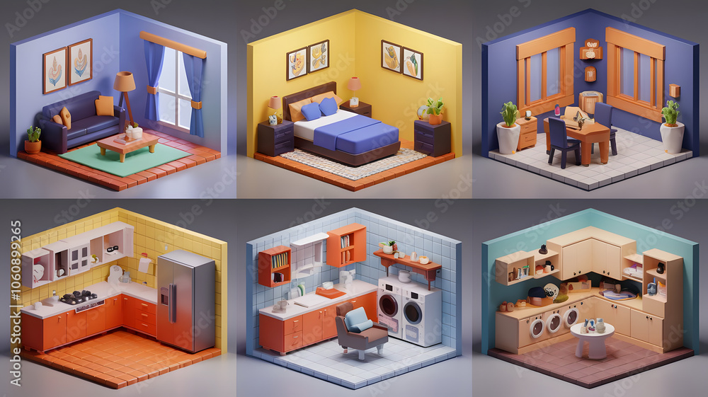 3D cartoonish models for a lounge (sofa, table, TV), bedroom (bed, nightstands, dresser), kitchen (appliances, table), bathroom (fixtures), office (desk, chair), and laundry room (washer, dryer). 3D cartoonish models for a lounge (sofa, table, TV), bedroom (bed, nightstands, dresser), kitchen (appliances, table), bathroom (fixtures), office (desk, chair), and laundry room (washer, dryer).