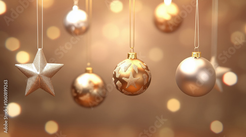 Golden Christmas ornaments in form of ball and stars hanging from the top against the festive bokeh background