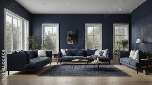 Minimalist spacious living room with navy blue background
