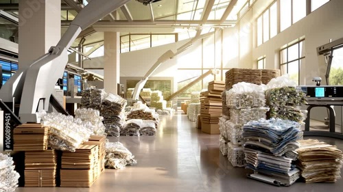 Industrial warehouse with packaged materials and natural lighting