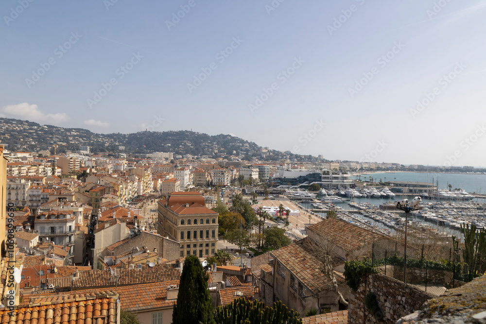 Panoramic view of Cannes, Promenade de la Pantiero and Le Port Vieux of Cannes, France Cote d'Azur. Panoramic view of Cannes, Promenade de la Pantiero and Le Port Vieux of Cannes, France Cote d'Azur.