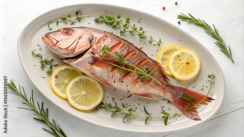 Grilled whole red snapper garnished with fresh herbs and lemon slices, perfect for a seaside dinner celebration. Generative AI Grilled whole red snapper garnished with fresh herbs and lemon slices, perfect for a seaside dinner celebration. Generative AI