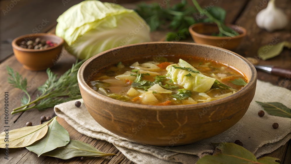 A hearty bowl of traditional Russian shchi soup with cabbage and herbs served on a rustic wooden table. Generative AI A hearty bowl of traditional Russian shchi soup with cabbage and herbs served on a rustic wooden table. Generative AI