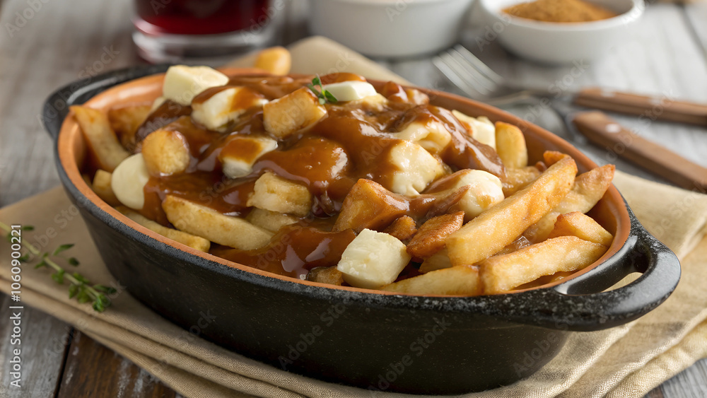 Delicious close-up of hot poutine topped with savory gravy and fresh cheese curds served in a rustic dish. Generative AI Delicious close-up of hot poutine topped with savory gravy and fresh cheese curds served in a rustic dish. Generative AI