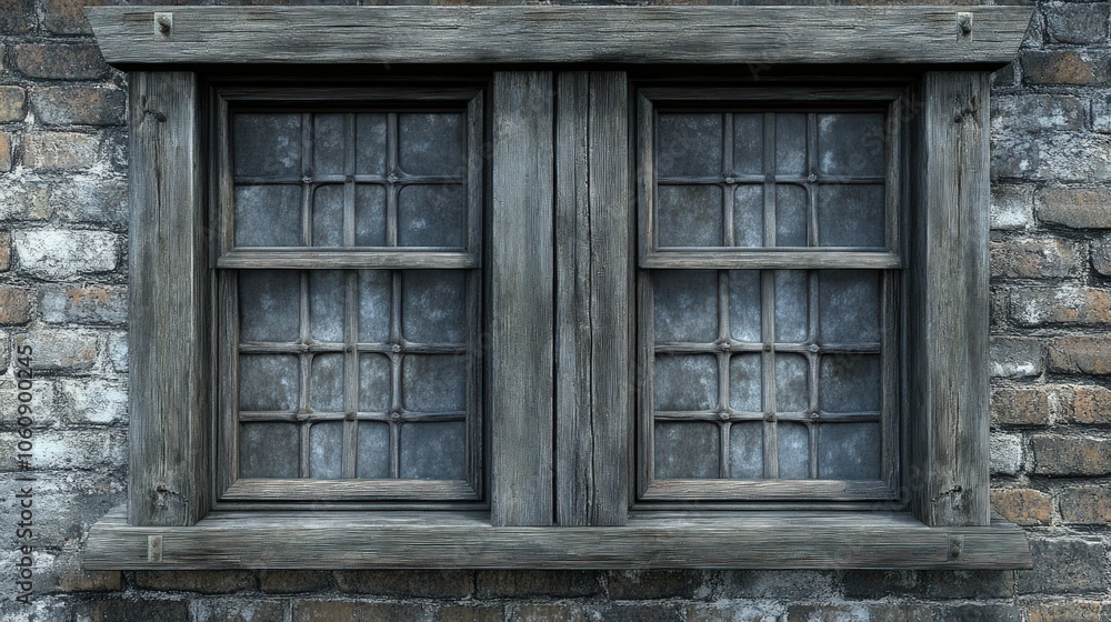 A close-up of a weathered wooden window with two panes, each with a grid of small glass squares. A close-up of a weathered wooden window with two panes, each with a grid of small glass squares.