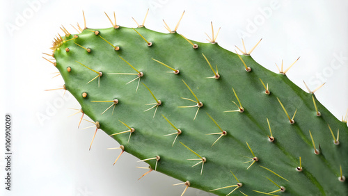 Close-up view of a vibrant green nopal cactus leaf showcasing sharp spines in natural light, emphasizing its unique texture and detail. Generative AI