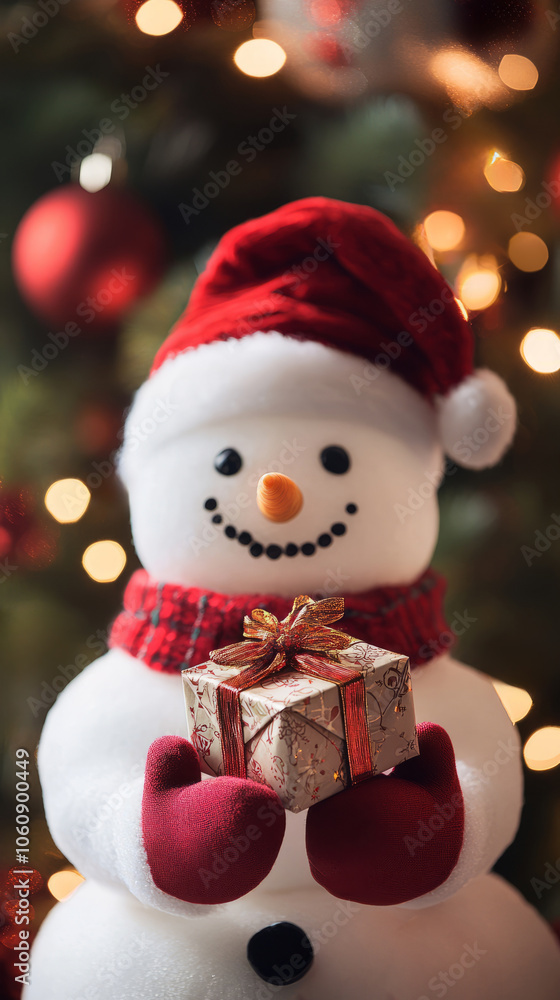 Snowman holding a wrapped gift in front of a beautifully decorated Christmas tree Snowman holding a wrapped gift in front of a beautifully decorated Christmas tree