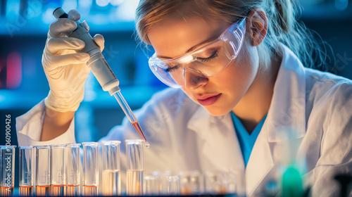 Close-up of Scientist Using Pipette to Transfer Reagent into Test Tube in Laboratory, Highlighting Precision and Detail in Research Environment