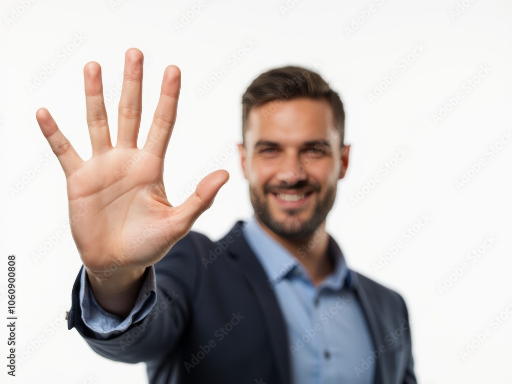 A Businessman Smiling and Showing His Hand With an Open Palm in a Professional Setting for a Friendly Greeting or Gesture A Businessman Smiling and Showing His Hand With an Open Palm in a Professional Setting for a Friendly Greeting or Gesture