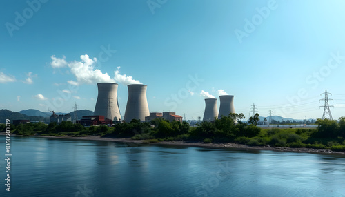 power plant on river coast isolated with white shades, png