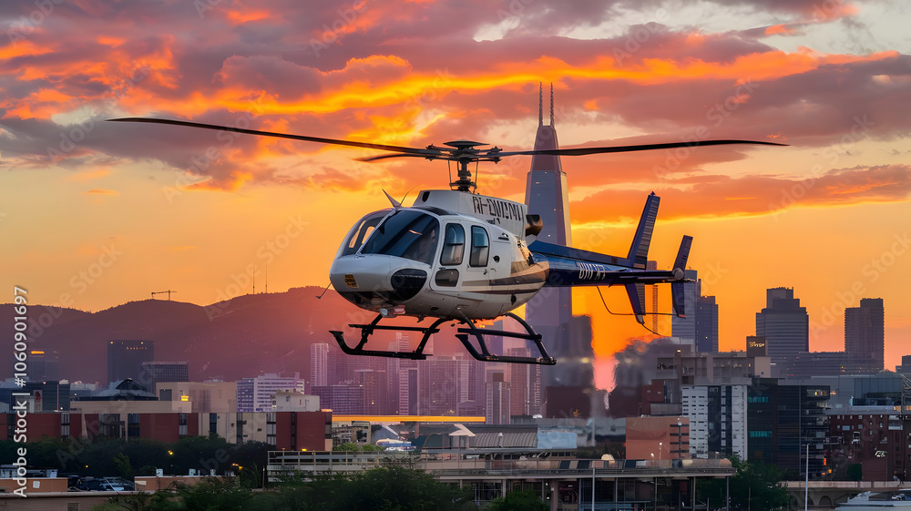 A helicopter hovering over the city with a stunning orange sunset.
A helicopter hovering over the city with a stunning orange sunset.