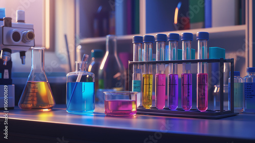 Laboratory Bench with Test Tubes and Colorful Reagents, Organized Workspace with Pipette and Glass Containers in Scientific Environment