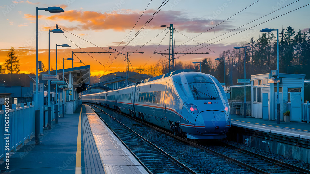 Fototapeta premium A high-speed train approaching the station in a beautiful orange sky.