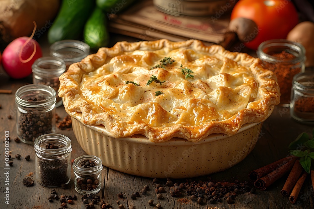 Rustic homemade apple pie with flaky crust on wooden table surrounded by ingredients Rustic homemade apple pie with flaky crust on wooden table surrounded by ingredients