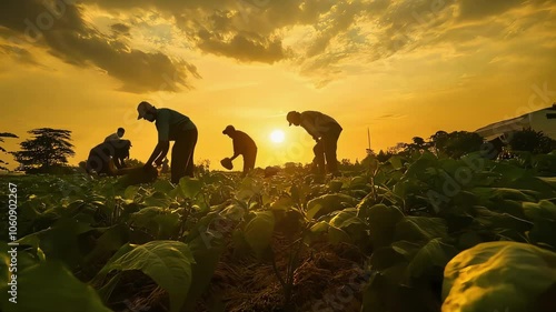 Silhouetted farmers working in a lush green field at sunset.