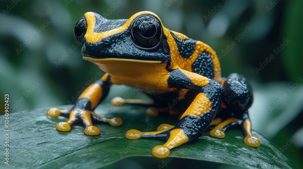 A close-up of a vibrant yellow and black poison dart frog perched on a green leaf, its large eyes staring directly at the viewer. A close-up of a vibrant yellow and black poison dart frog perched on a green leaf, its large eyes staring directly at the viewer.