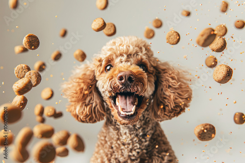 A poodle catching a dry dog treat in a studio setting, highlighting the tasty and nutritious nature of this pet snack