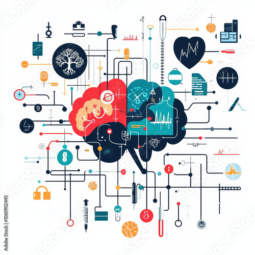 Healthcare and technology concepts with flat icons and symbols. Template design for health care business, innovation medicine, science background, medical research. Illustration