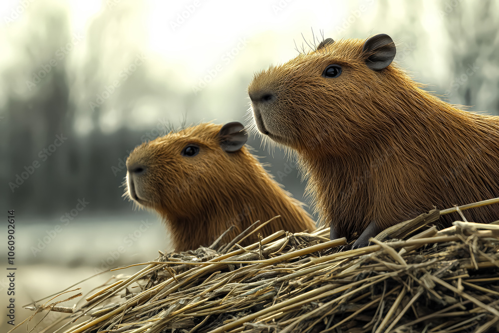 Three brown capybaras are sitting in a hay-filled nest. The capybaras are looking at the camera, and the scene has a warm, cozy feeling Three brown capybaras are sitting in a hay-filled nest. The capybaras are looking at the camera, and the scene has a warm, cozy feeling
