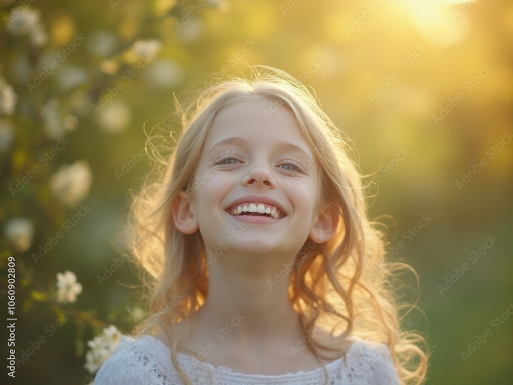 A Joyful Girl With Curly Hair Smiles Brightly in a Sunlit Garden Filled With Blooming Flowers During Golden Hour A Joyful Girl With Curly Hair Smiles Brightly in a Sunlit Garden Filled With Blooming Flowers During Golden Hour