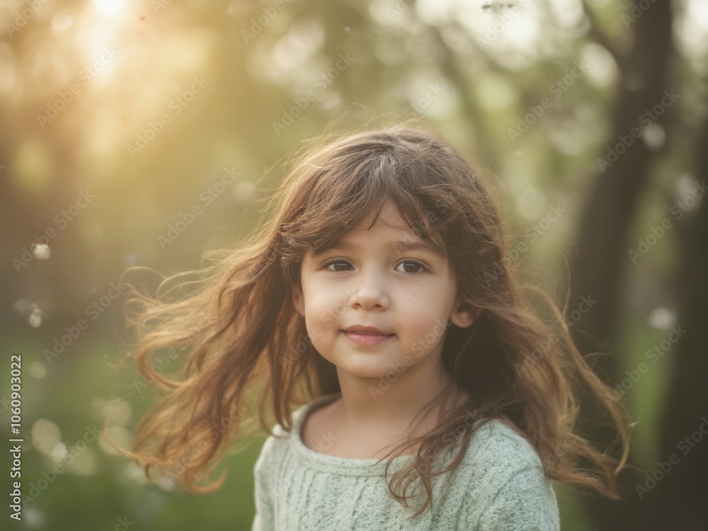 A Young Girl Enjoys a Sunny Day Surrounded by Nature, With Sunlight Filtering Through the Trees in a Serene Forest Setting A Young Girl Enjoys a Sunny Day Surrounded by Nature, With Sunlight Filtering Through the Trees in a Serene Forest Setting