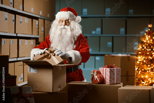 Santa Claus putting Christmas gifts in a delivery box photo