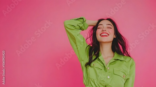 Photo of lovely cheerful woman wear green clothes arm above head recommend empty space isolated on pink color background photo