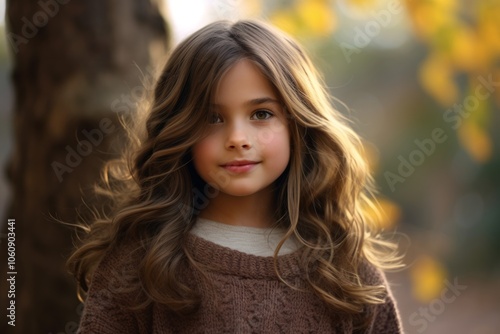 Portrait of a beautiful little girl with long curly hair in autumn park