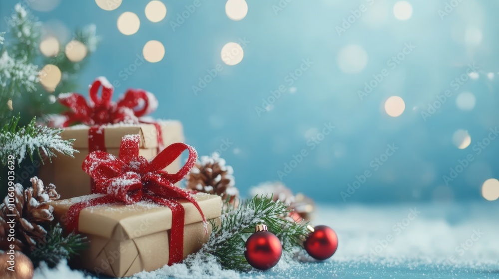 Christmas Presents with Snow and Red Ornaments. Christmas Presents with Snow and Red Ornaments.