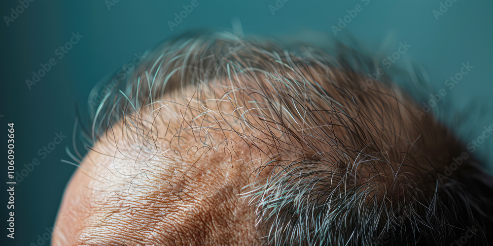 Closeup of a mans head showing advanced baldness and receding hairline, highlighting the impact of alopecia and hair loss