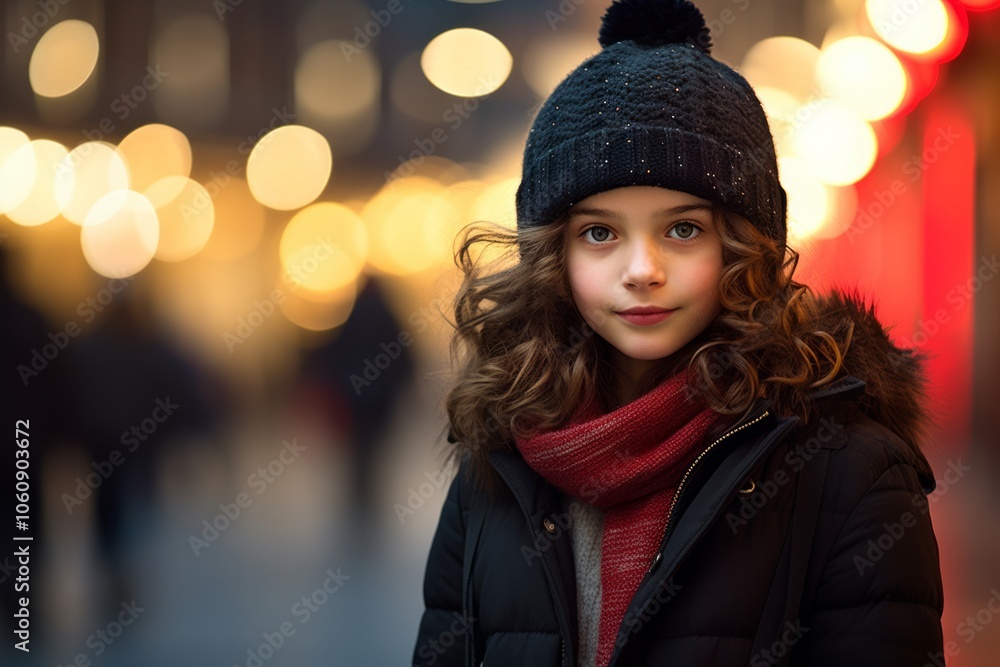 portrait of a girl in winter clothes on a background of lights portrait of a girl in winter clothes on a background of lights