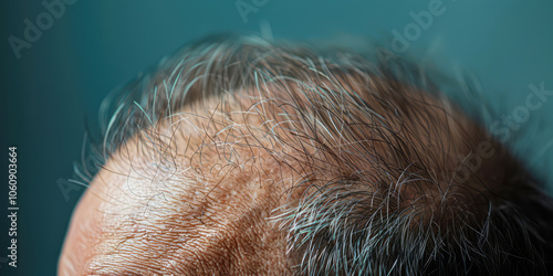 Obraz na płótnie Closeup of a mans head showing advanced baldness and receding hairline, highlighting the impact of alopecia and hair loss w salonie