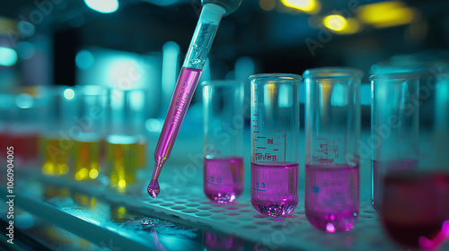 Dynamic Laboratory Scene of Pipette Dispensing Pink Liquid into Test Tube with Colorful Reagents in Background for Scientific Experiments