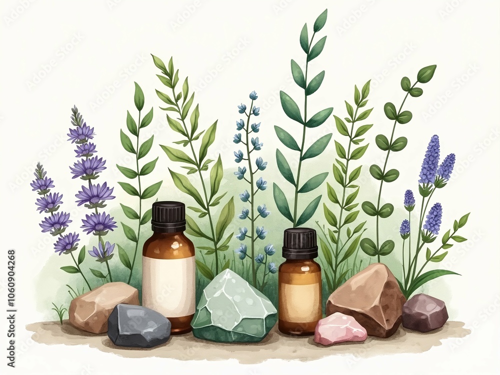 Essential Oils Bottles with Herbs and Crystals in Botanical Illustration, Natural Wellness Concept Essential Oils Bottles with Herbs and Crystals in Botanical Illustration, Natural Wellness Concept