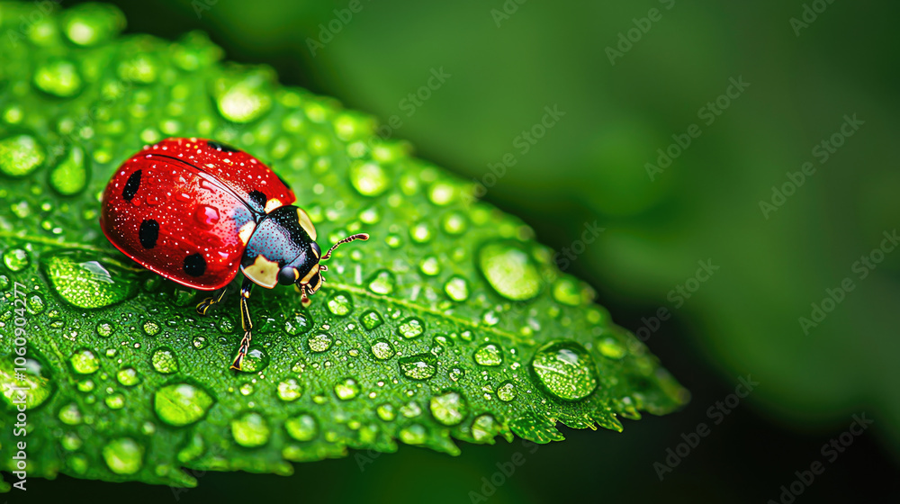 A vibrant ladybug rests on a dew-covered leaf, showcasing nature's beauty in macro photography. A vibrant ladybug rests on a dew-covered leaf, showcasing nature's beauty in macro photography.
