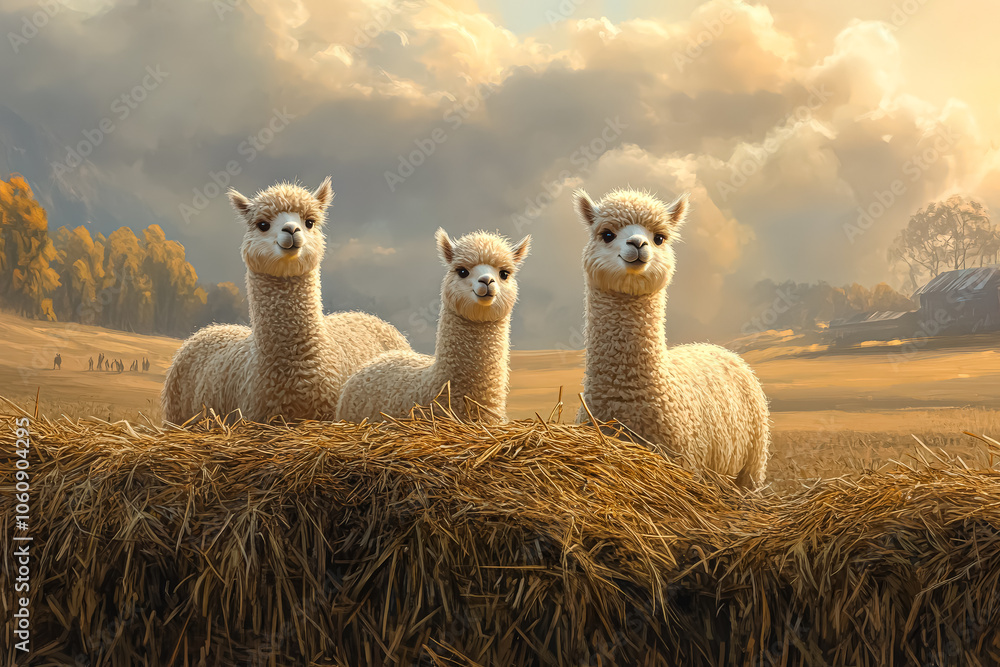 Naklejka premium Four llamas standing in a field of tall grass. The llamas are all facing the camera and appear to be looking at the viewer. The scene has a peaceful and serene mood