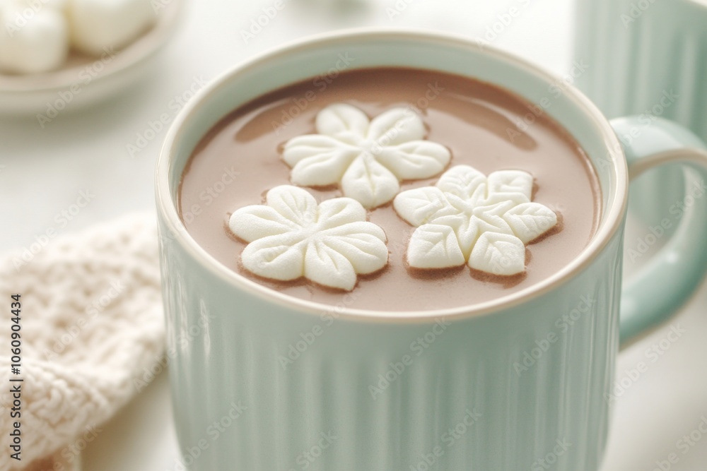 Cozy winter mug filled with hot chocolate topped with snowflake marshmallows on a soft knit blanket Cozy winter mug filled with hot chocolate topped with snowflake marshmallows on a soft knit blanket