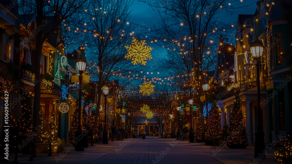 Fototapeta premium A vibrant and charming urban village glows with festive Christmas lights