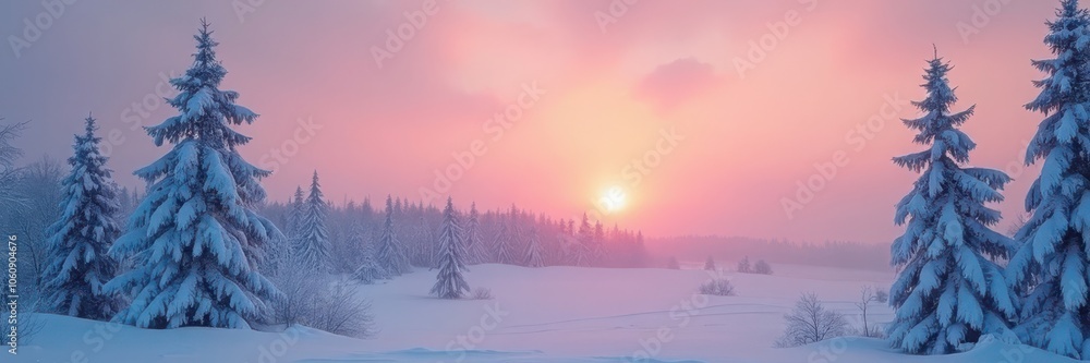 Obraz premium Tranquil snowy landscape with frosted trees and a soft pink sunrise, evoking peace and serenity
