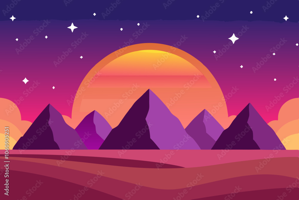 Obraz premium Sunset landscape with a mountain silhouette, stars beginning to appear, and a warm pink and purple gradient sky