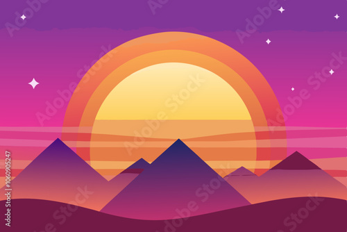 Sunset landscape with a mountain silhouette, stars beginning to appear, and a warm pink and purple gradient sky